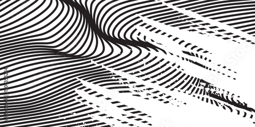Black on white abstract perspective line wave stripes with 3d dimensional effect isolated on white background