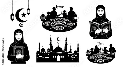 Muslim woman reading and praying during Ramadan with family and mosque silhouettes