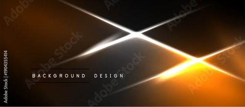 Dark background features bright orange, white lines creating dynamic abstract effect. Minimalist design with text element below central glow.
