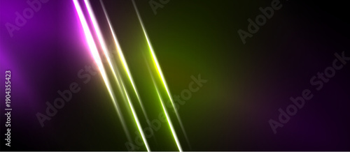 Abstract background features vibrant light streaks. Purple, green hues blend into darkness. Modern design element, dynamic composition.
