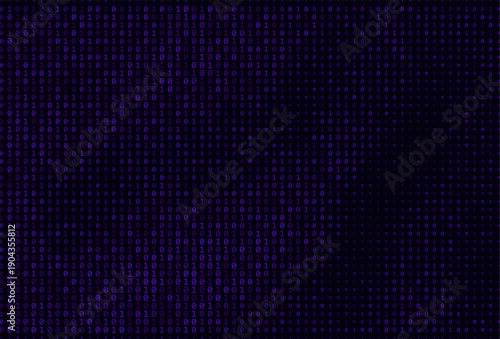 Vibrant purple binary code stream flowing across a dark background, representing digital data.