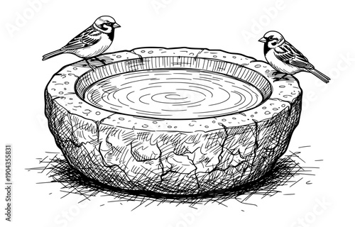 Birdbath with Two Sparrows Vector Illustration in Black and White Engraving Style