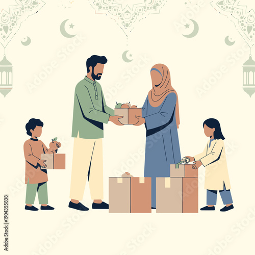 Family exchanging food boxes during Ramadan.