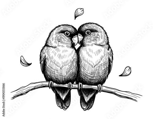 Lovebirds Kissing on Branch Black and White Engraving Style Vector Illustration