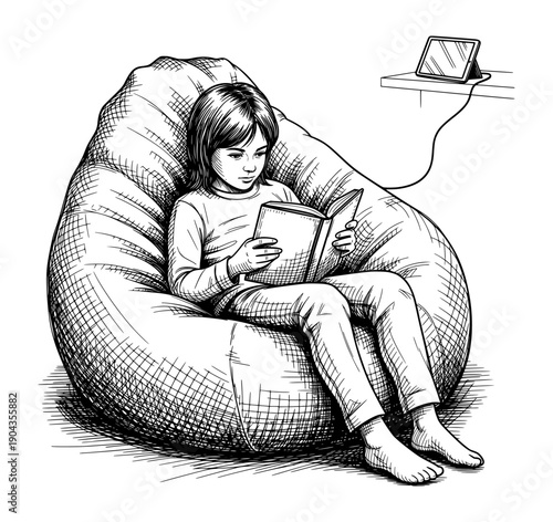 Girl Reading Book on Beanbag Chair Black and White Engraving Style Vector Illustration