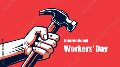Hand holding a steel hammer tool isolated on white for construction, repair, and carpentry work equipment, May day poster design