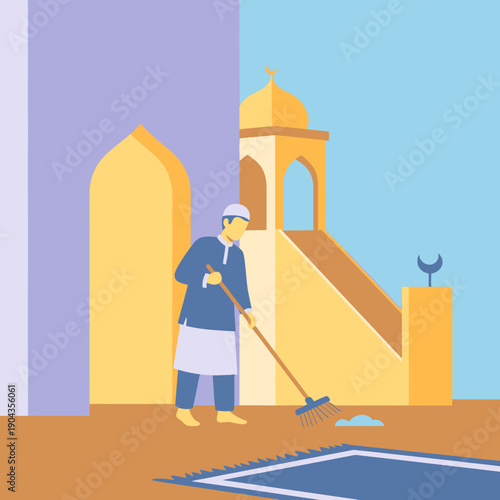 Man cleaning a mosque courtyard floor.