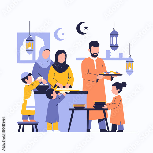 A Muslim family breaking their fast together during Ramadan.