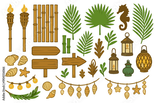 Tropical decorations for a beach party with sea animal designs and various plants