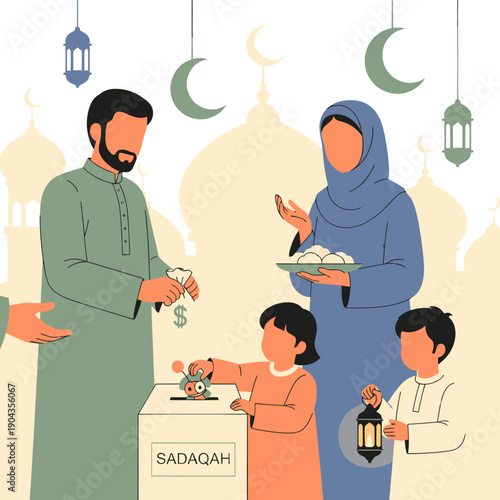 Family giving sadaqah during Ramadan.