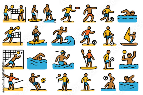 Sports activities on a beach with different people having fun during sunny weather