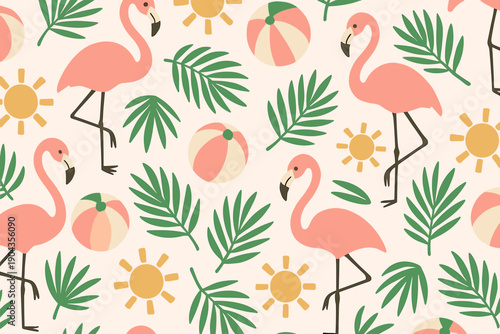 Design featuring flamingos, beach balls, and sun patterns, ideal for summer themes and tropical decor, created in a playful style