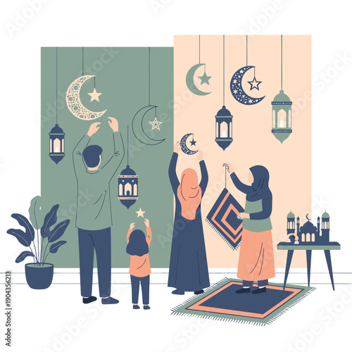 Family decorating for Ramadan celebration.