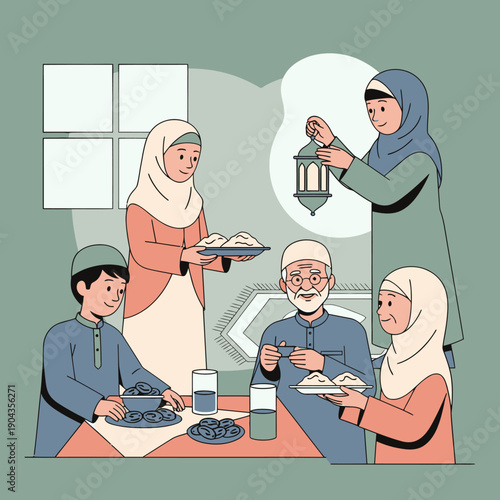 Muslim family breaking fast during Ramadan.