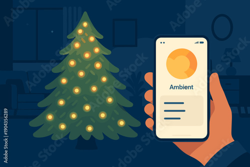 Person holds smartphone with ambient light app next to green Christmas tree with warm lights at home in evening