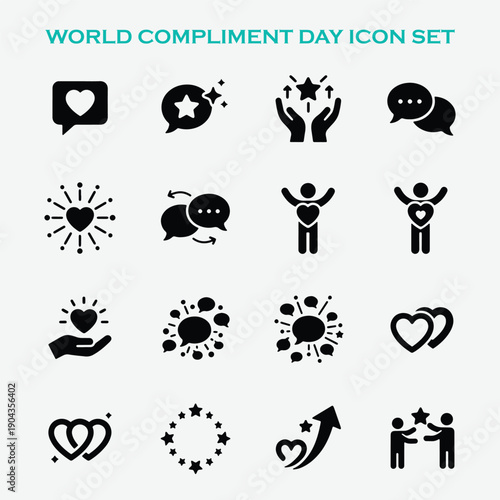 World Compliment Day Icon Set – Appreciation, Kindness, Positive Feedback Symbols