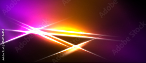 Bright light streaks radiate from center. Vivid purple, orange hues dominate dark background. Abstract energy flows visually.