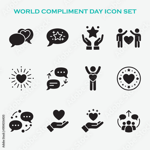 World Compliment Day Icon Set – Kindness, Appreciation, Praise and Positive Communication Symbols