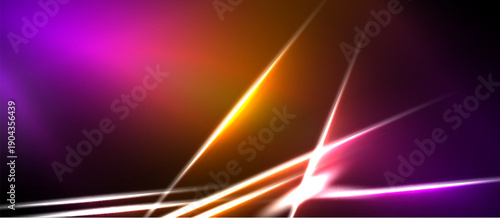 Abstract background features vibrant orange, purple gradients. Diagonal lines create dynamic energy, bright illumination. Dark space surrounds glowing elements.