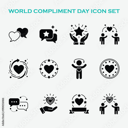 World Compliment Day Icon Set. Vector collection of appreciation, praise, feedback, and kindness symbols. Solid black glyph style.