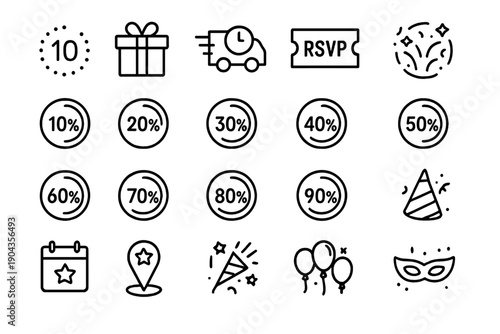 Celebration countdown with gift, delivery, RSVP and discount icons for event planning