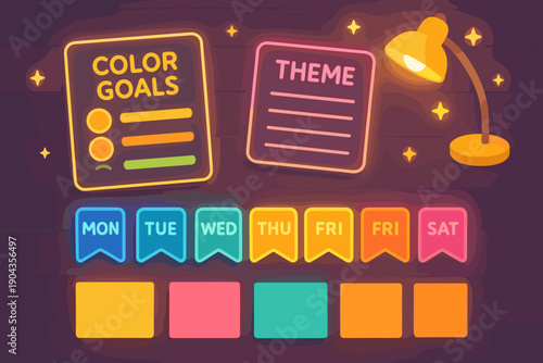 Planning tools for a weekly goal setting session with lists and color labels displayed on a desk at night