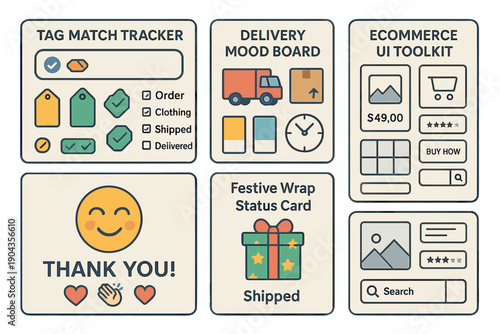 Tracking system for online orders shows delivery status, mood board, and toolkit for e-commerce designs