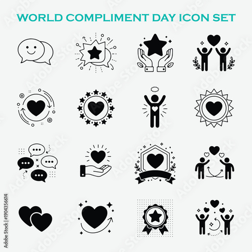 World Compliment Day Icon Set. Vector collection of praise, appreciation, feedback, kindness, and love symbols. Solid glyph style with outline accents.