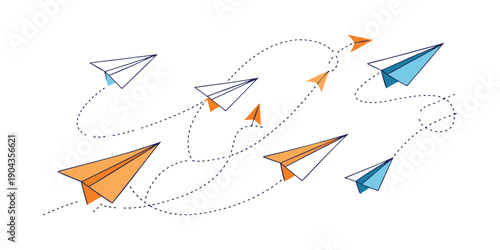 Colorful paper airplanes soar through the air with dotted flight paths, illustrating dynamic movement.
