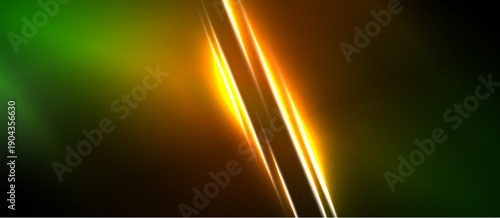 Abstract background features vibrant orange lines against dark green, black gradients. Dynamic energy radiates from central illumination.