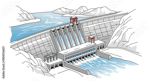Hydroelectric power station dam with flowing water generating electricity in a natural mountain landscape.