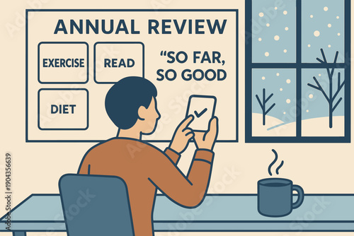 Person checks phone while sitting at desk with cup, during winter season inside a room with a window and review chart on wall