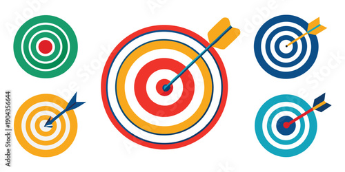 A striking collection of colorful target boards with arrows hitting the bullseye, symbolizing success.
