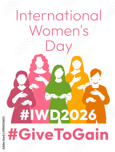Give to Gain campaign pose. International Women's Day 2026. Diverse women demonstrate open palms giving gesture, with hand on their hearts to show generosity, collaboration and support for all women