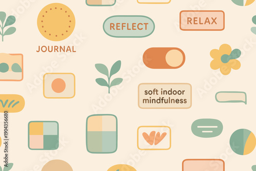 Colorful design featuring shapes and words focused on mindfulness and reflection in a soft indoor setting