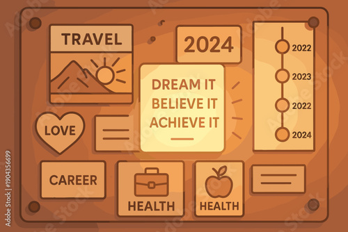 Vision board for 2024 focusing on travel, love, career, and health with motivational phrases for personal growth