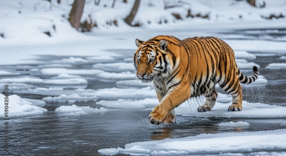 Obraz premium Majestic bengal tiger crossing icy river in snowy winter forest scene highlighting wildlife beauty and survival instincts in nature