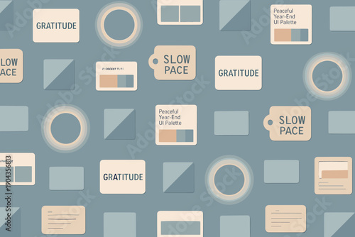 Design elements showing different colors and shapes with words about slow pace and gratitude placed on a blue background