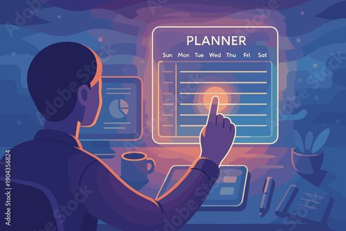 Person plans activities using a digital planner on a desk with a cup of coffee at night