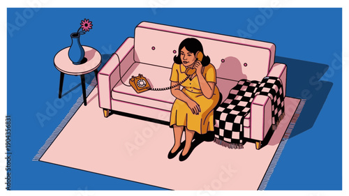 Woman in yellow dress talking on vintage phone in modern living room