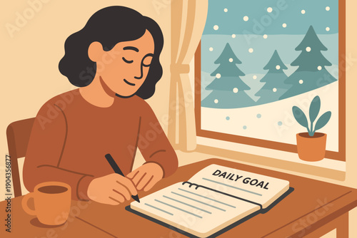 Person writing in a notebook by the window during winter with snow outside and a plant on the table