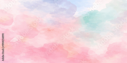 An abstract blue watercolor background features bright white clouds under a clear summer sky with sunny light and beautiful atmosphere