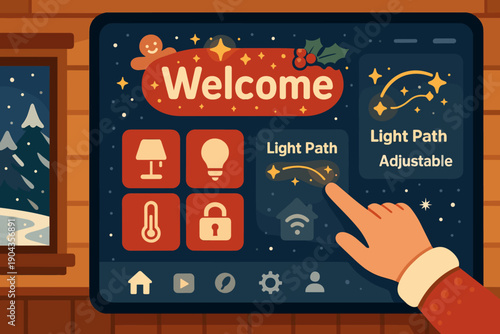 Smart home control panel displays welcome message with light settings during winter season indoors with hand reaching for options
