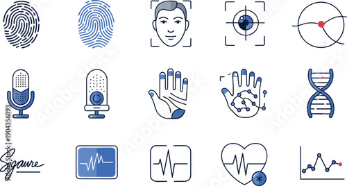 Biometric Identification and Medical Technology Icon Set Featuring Fingerprint, Facial Recognition, DNA, Voice Scan, Heartbeat, Security Symbols Vector