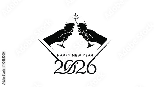 New Year Toast with a Diamond Frame: Two hands holding champagne glasses, offering a celebratory toast. This design includes elegant script and stylized details. 