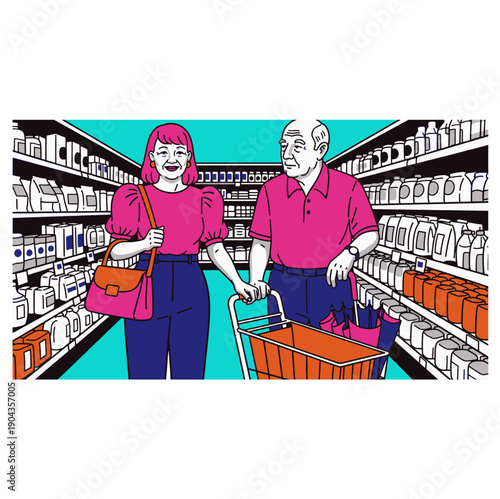 Elderly couple shopping in a colorful supermarket aisle illustration