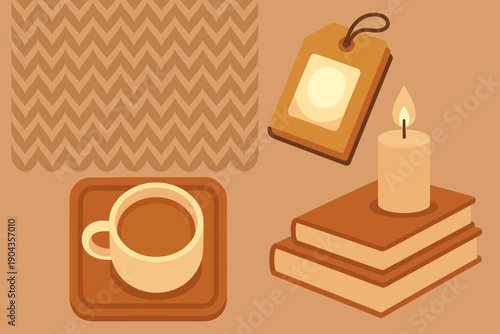 Cozy setup with a cup of tea, books, and a candle on a textured background