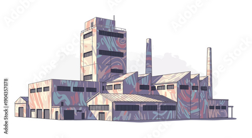 Stylized Industrial Factory Building with Smokestacks, Isolated White Background