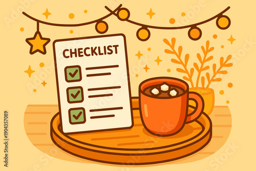Warm drink and checklist on table with string lights in cozy setting during winter evening