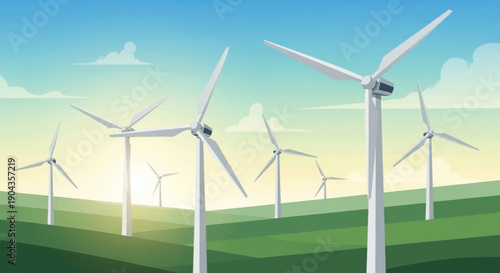 Wind turbines generating clean renewable energy in a green field with rolling hills under a clear blue sky.